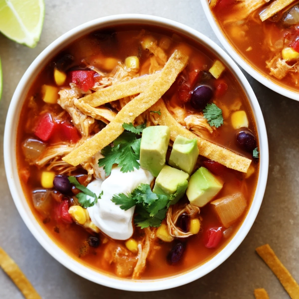 Hearty classic chicken tortilla soup loaded with tender chicken, black beans, corn, and melted cheddar cheese