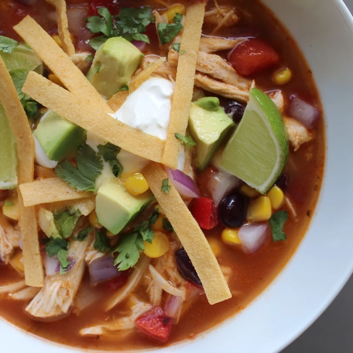 Rustic classic chicken tortilla soup garnished with vibrant cilantro, lime wedges, and crunchy tortilla strips