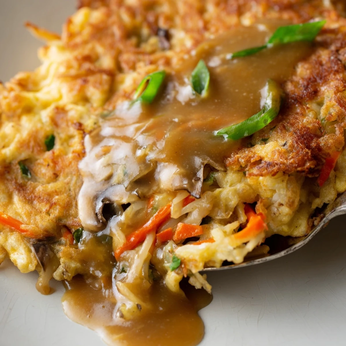 Homemade Egg Foo Young served hot with gravy and steamed rice garnish