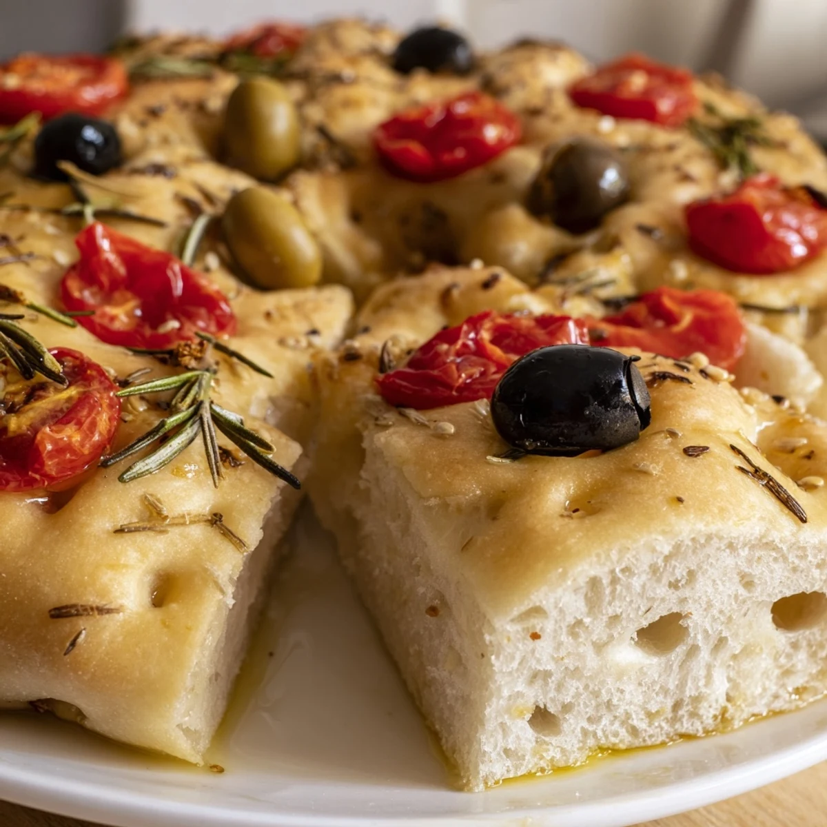 Golden crispy mini focaccia topped with rosemary, flaky salt, and cherry tomatoes