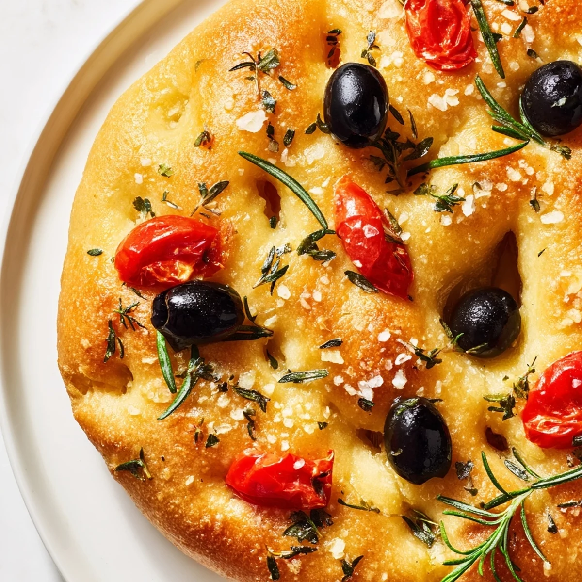 Individual Italian breads with dimpled surface, aromatic herbs, and olive oil gloss