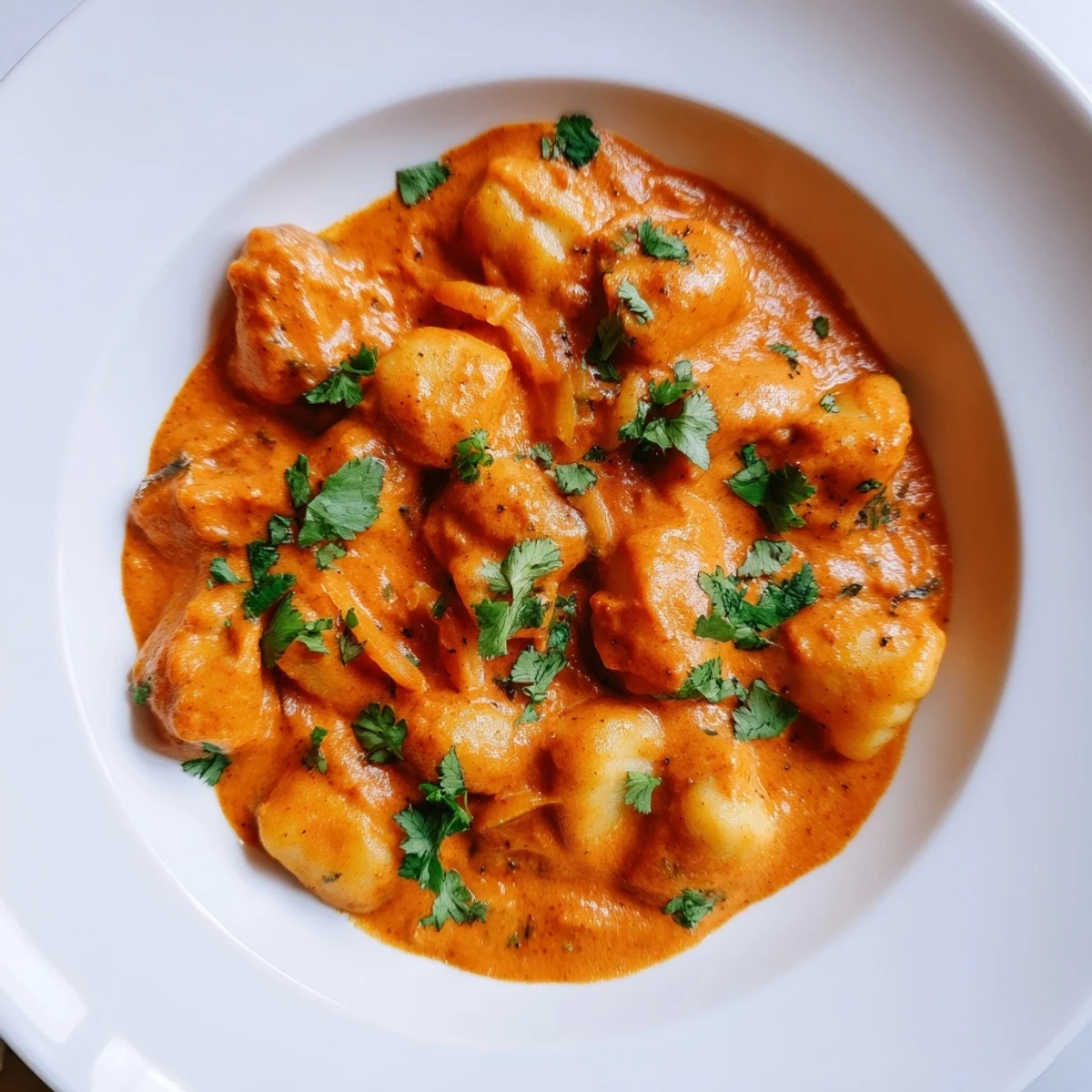 Creamy Tikka Masala Gnocchi featuring tender potato pillows coated in spiced orange-red tomato sauce