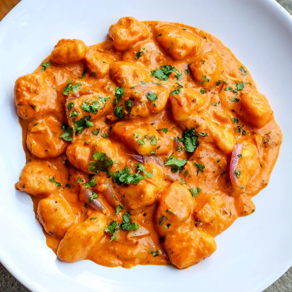 Golden potato gnocchi swimming in rich Indian spiced cream sauce with fresh cilantro garnish