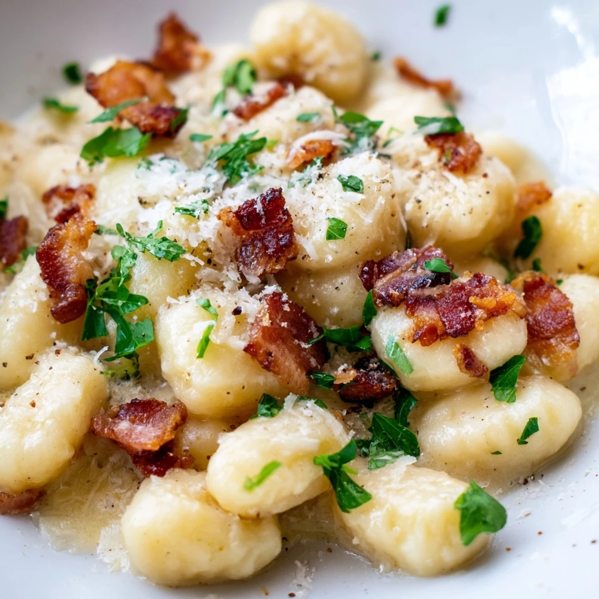 Golden gnocchi carbonara with crispy bacon and melted Parmesan cheese in a creamy white sauce