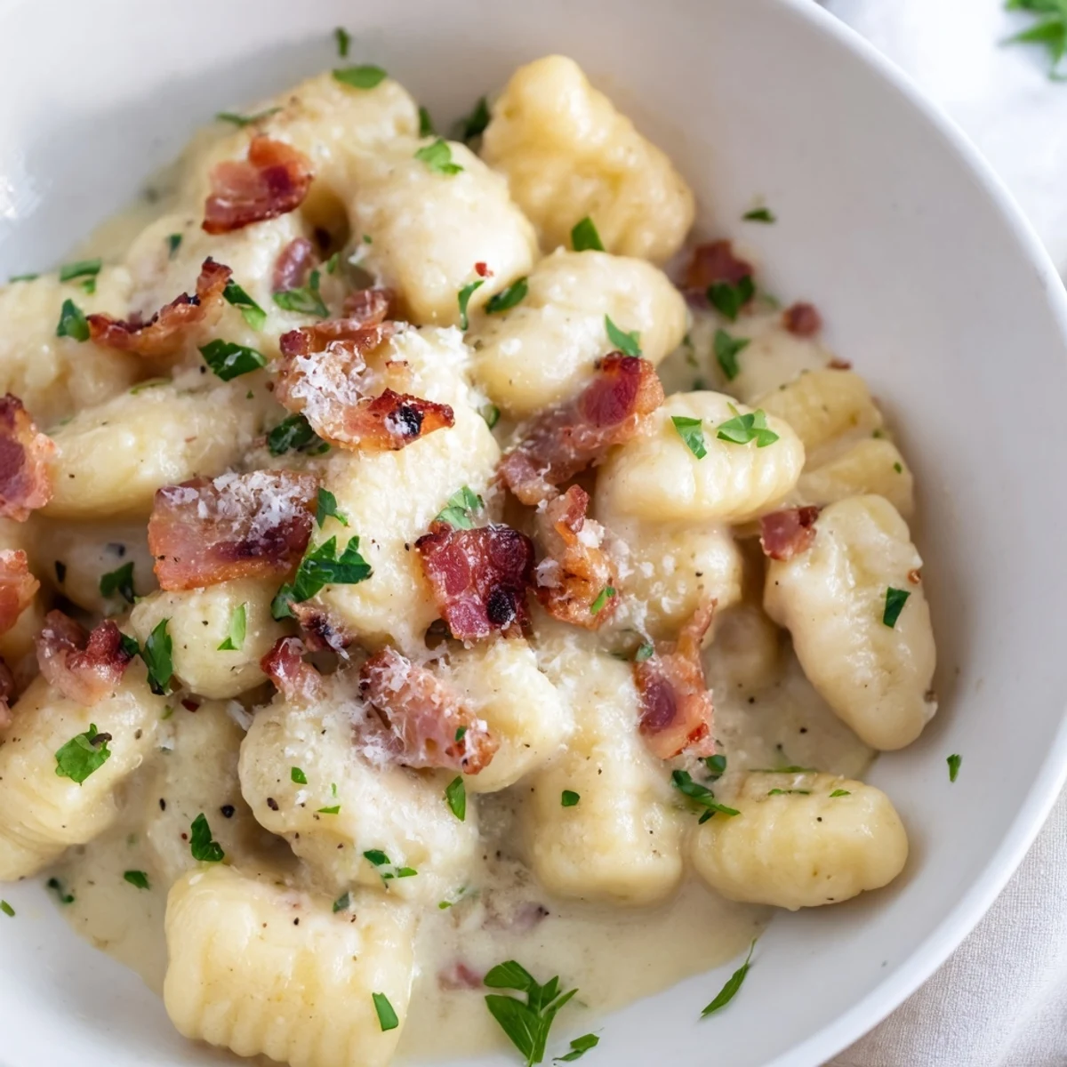 Creamy Italian gnocchi carbonara topped with crispy bacon bits and freshly grated Parmesan cheese