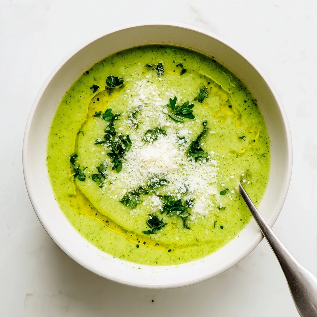 Creamy homemade Italian broccoli soup topped with grated Parmesan and fresh herbs in a white bowl