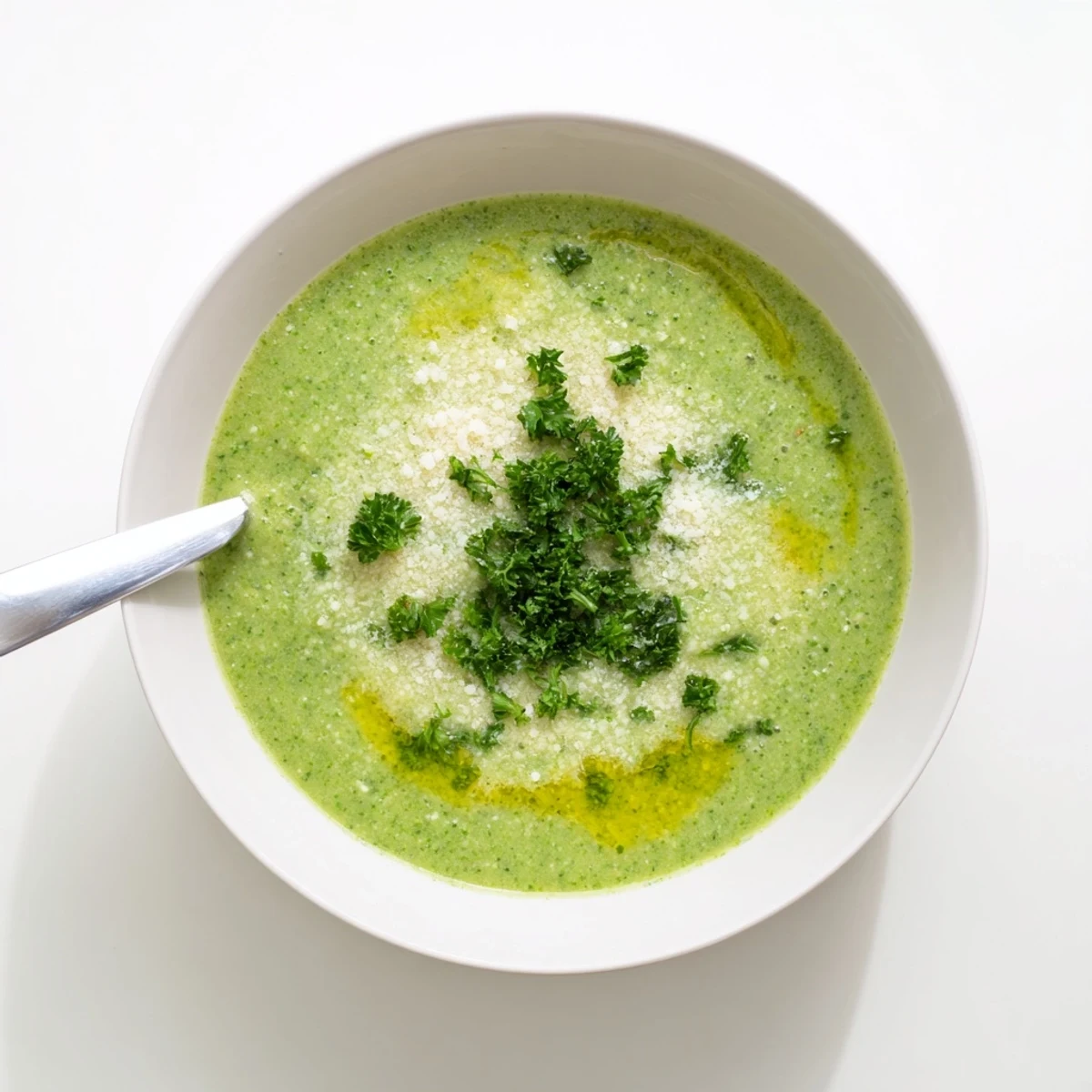 Velvety green homemade Italian broccoli soup drizzled with olive oil and served with crusty bread