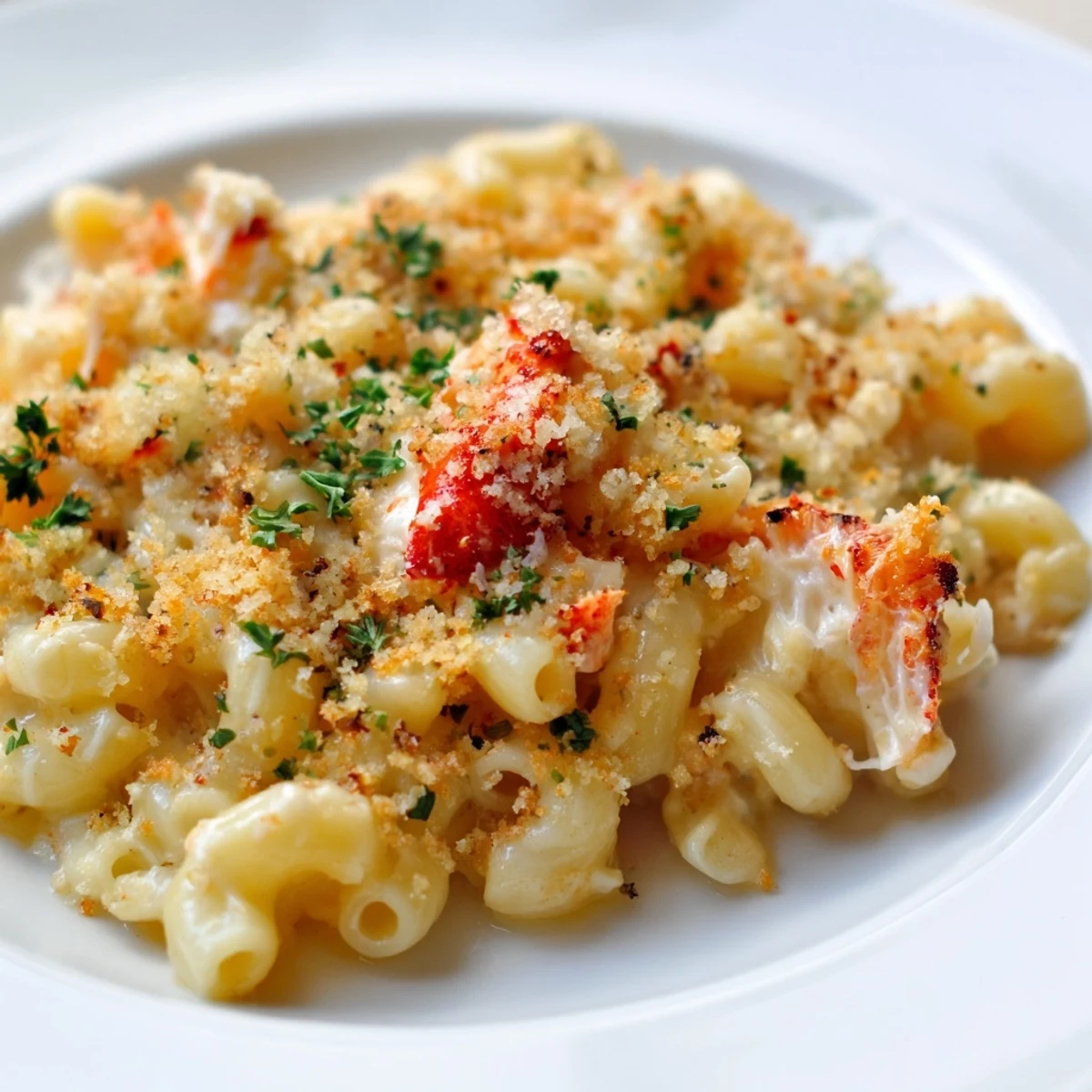 Golden baked garlic butter lobster mac and cheese with bubbly cheese topping and tender lobster pieces