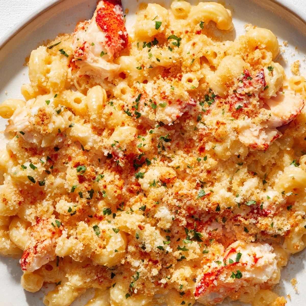 Spoonful of rich garlic butter lobster mac and cheese showing succulent lobster chunks in melted cheese sauce