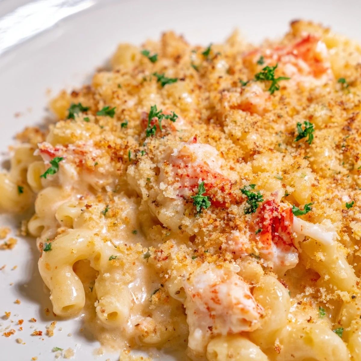 Creamy garlic butter lobster mac and cheese served in a white baking dish with golden breadcrumb crust