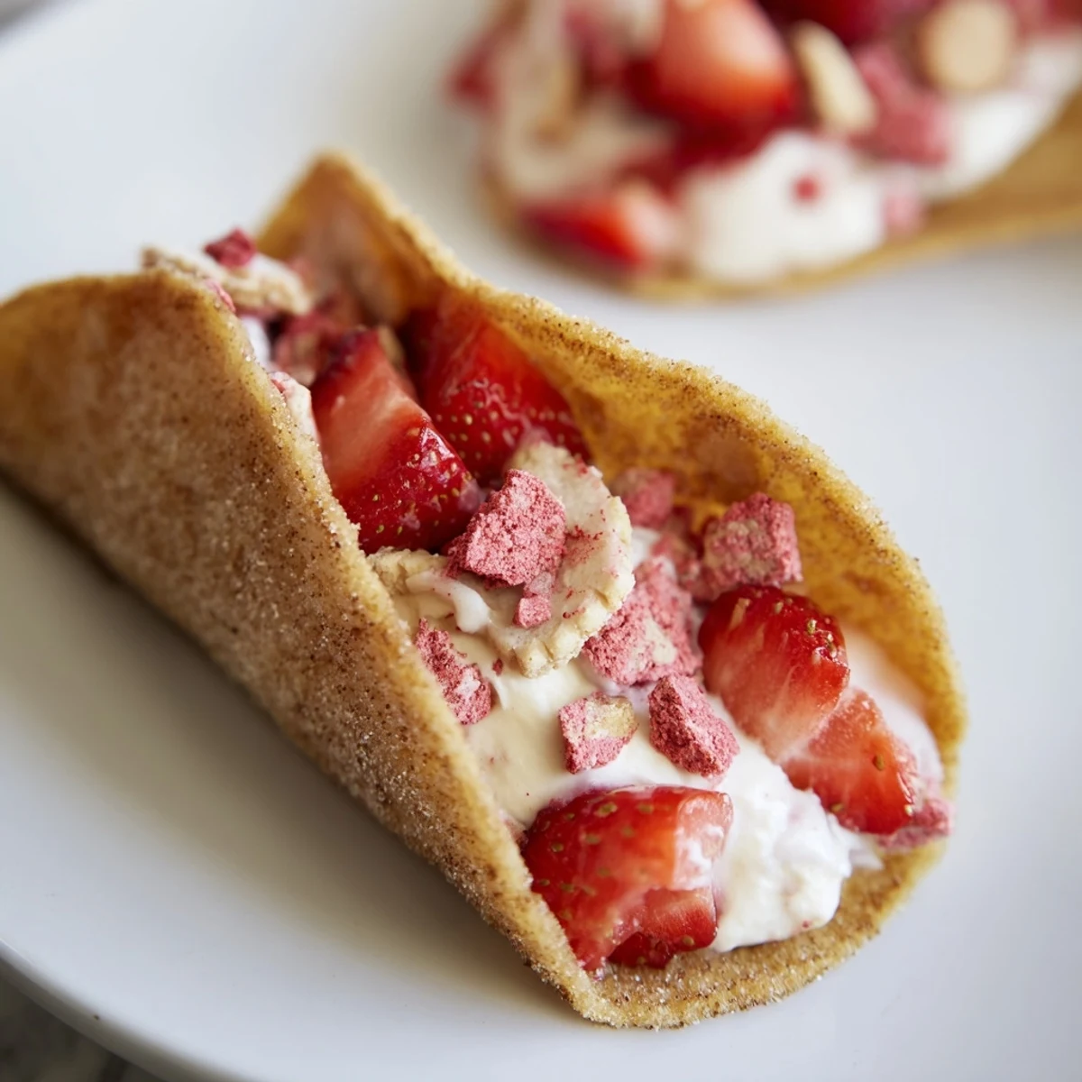 Golden crispy cinnamon taco shell piled high with creamy vanilla cheesecake filling and fresh diced strawberries