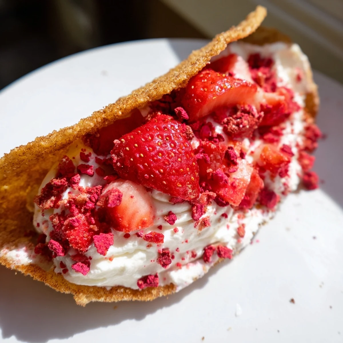 Strawberry crunch cheesecake taco featuring sweet fruit topping over smooth cream cheese filling in a crunchy baked shell