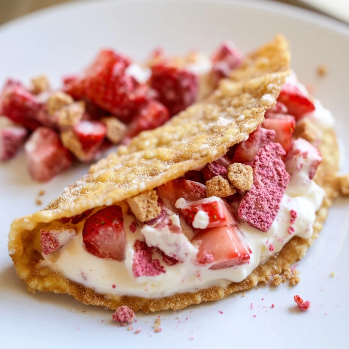 Close-up of American fusion dessert taco with whipped cheesecake, macerated strawberries, and vanilla cookie crumble topping