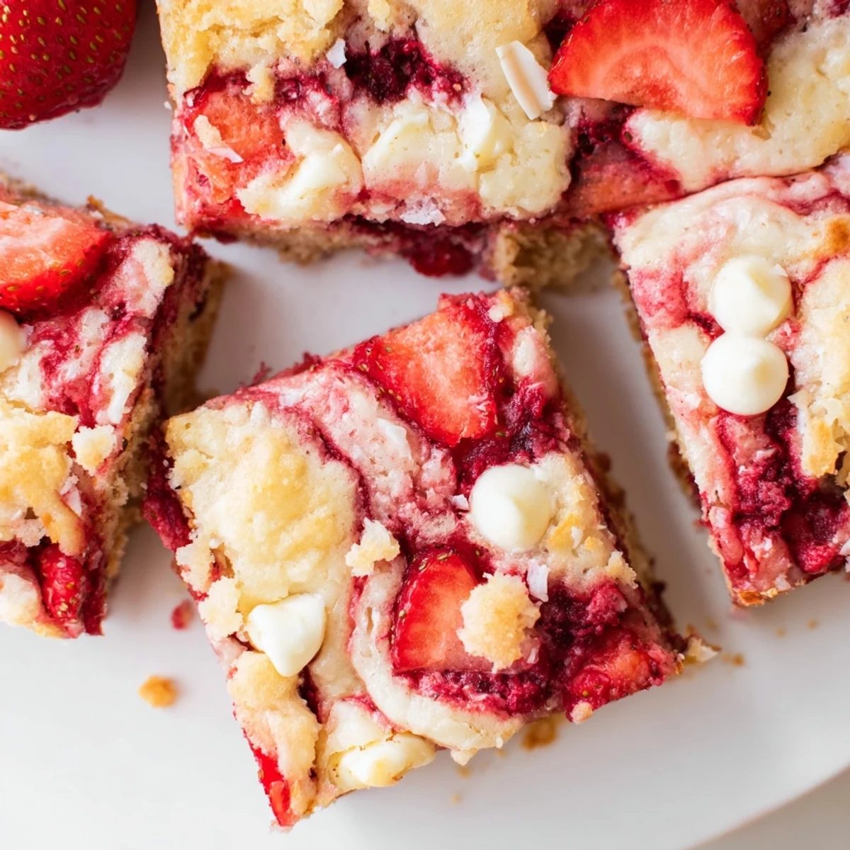 Gooey strawberry earthquake cake with cream cheese swirls and fresh strawberry slices on top