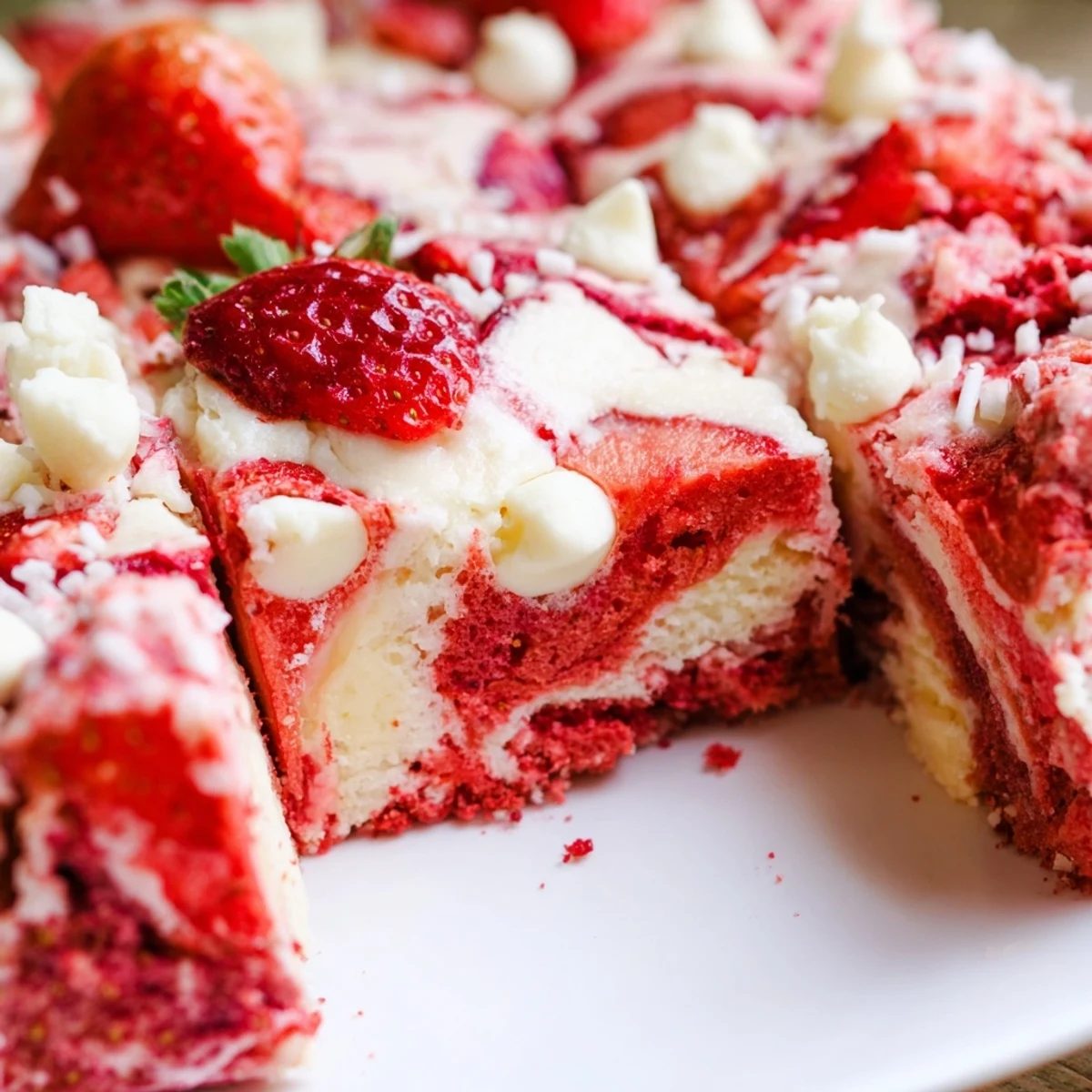 Slice of irresistible strawberry earthquake cake showing marbled cream cheese and white chocolate chips