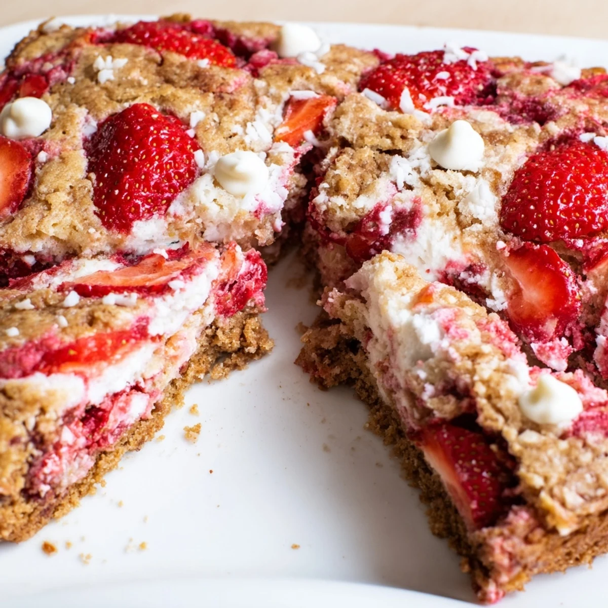Warm strawberry earthquake cake with cracked top, coconut, and juicy red strawberries baked throughout