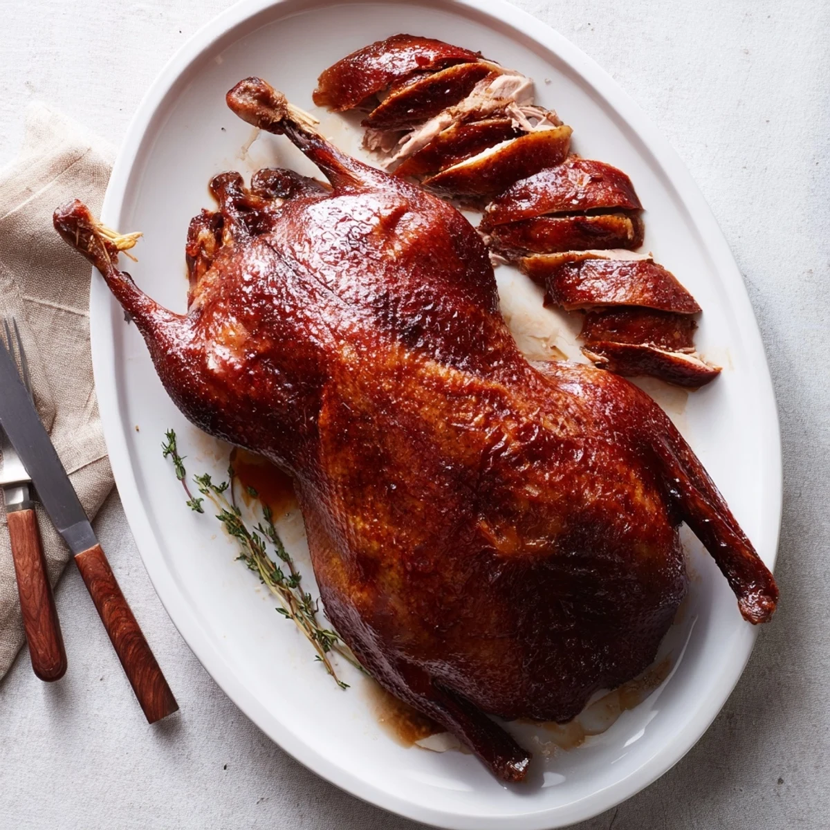 Golden whole five spice roasted duck with crispy glazed skin on a white serving platter