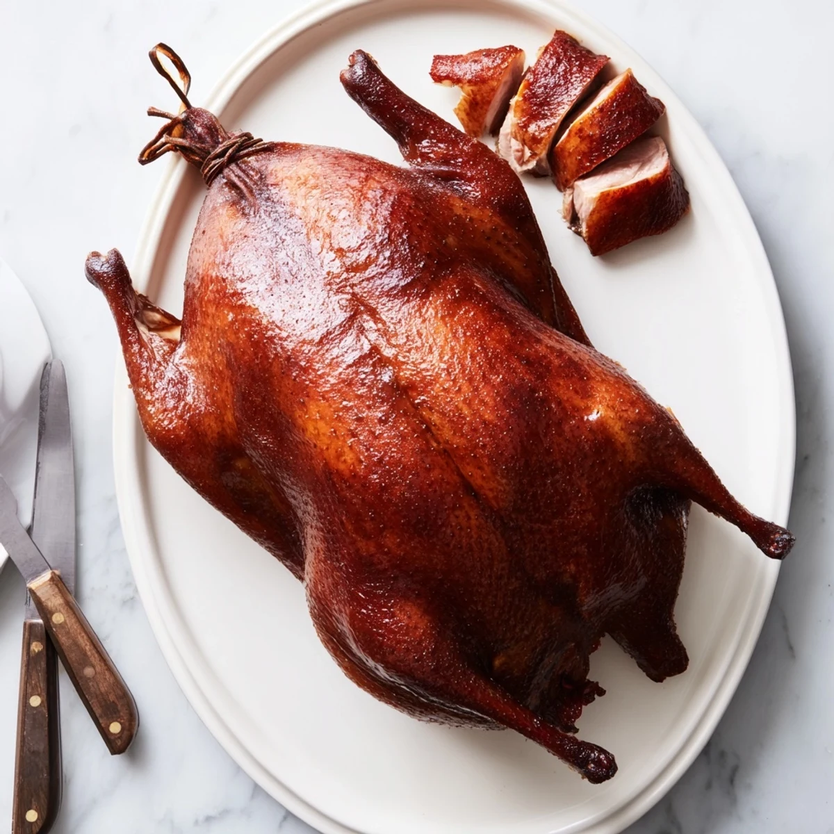 Succulent Chinese five spice roasted duck carved into slices revealing tender juicy meat inside