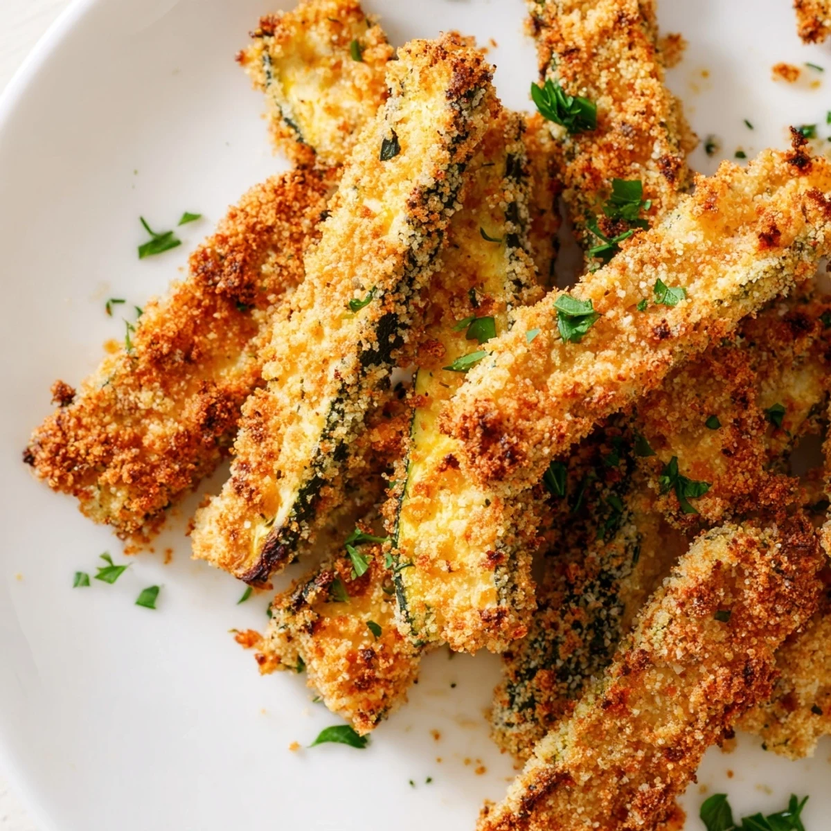 Golden brown crispy baked keto zucchini fries arranged on a white serving platter with fresh parsley garnish