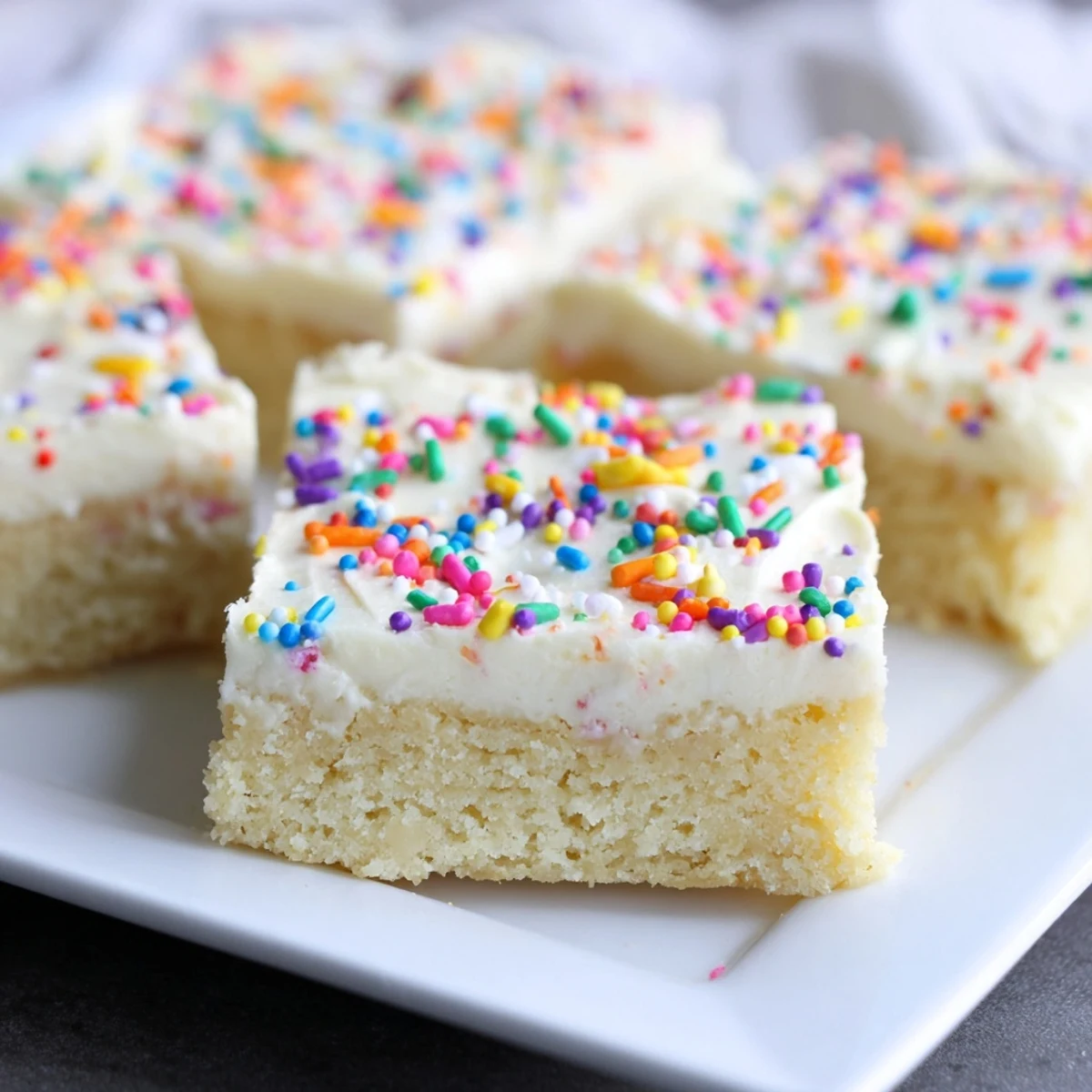 Buttery sugar cookie bars cut into squares with smooth vanilla cream frosting and festive rainbow sprinkles