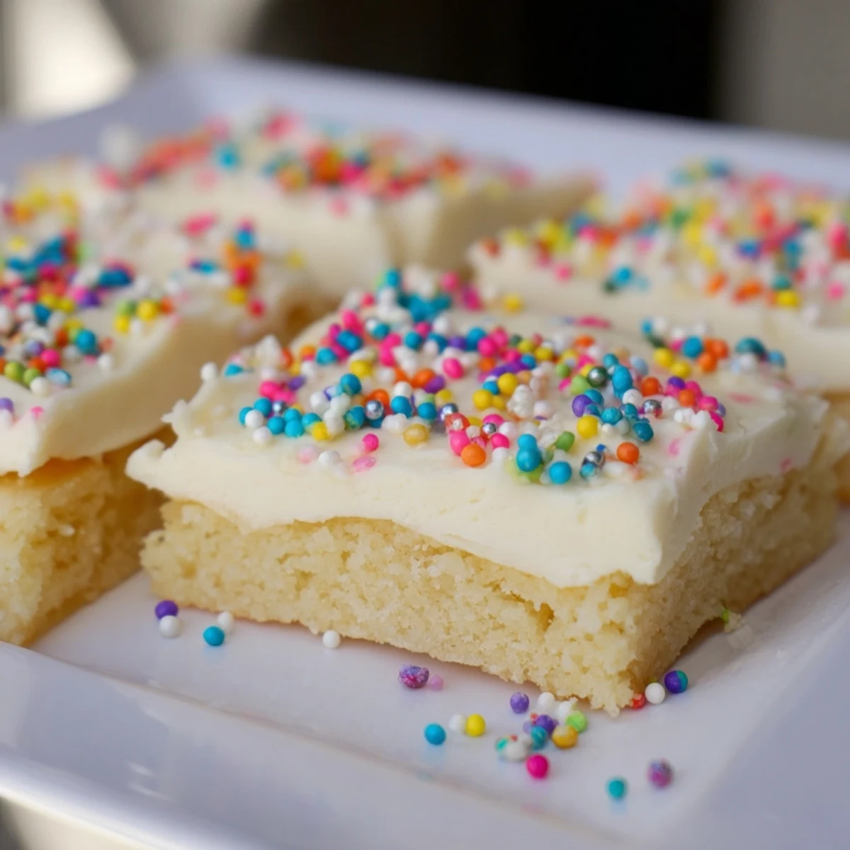 Homemade sugar cookie bars spread with thick buttercream frosting and topped with bright sprinkles for parties