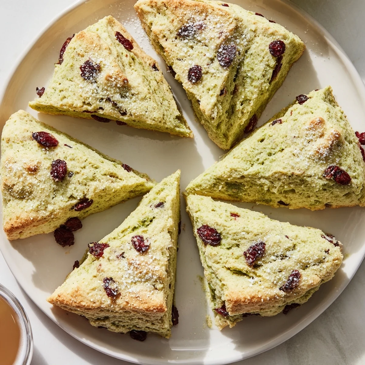 Golden matcha cranberry scones studded with tart red berries on a wire rack