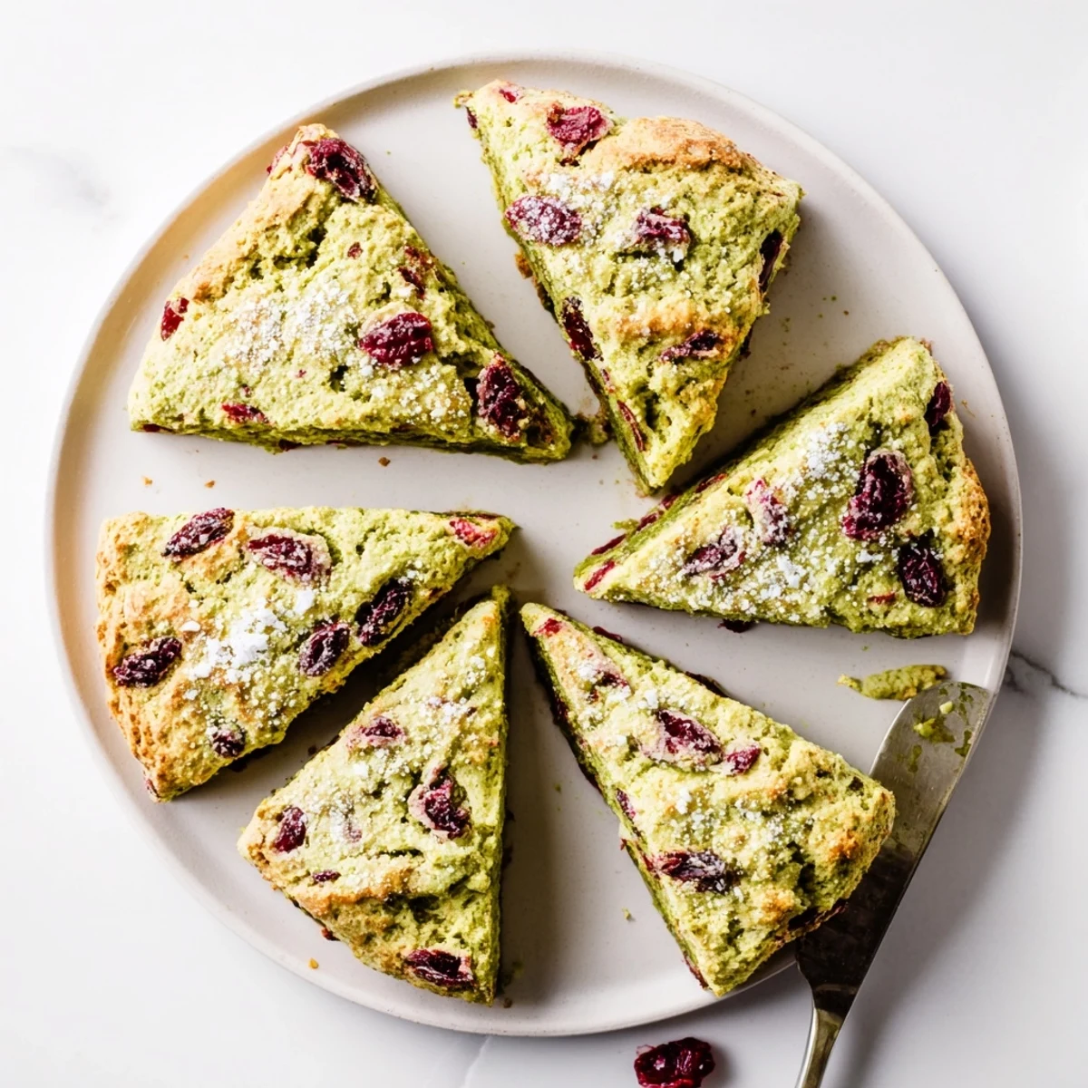 Flaky green tea scones with dried cranberries cooling on a parchment-lined baking sheet