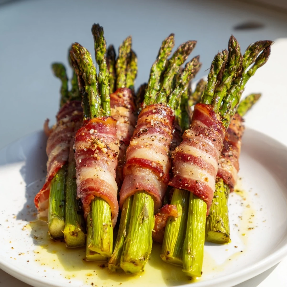 Golden brown garlic bacon wrapped asparagus bundles arranged on a white serving platter
