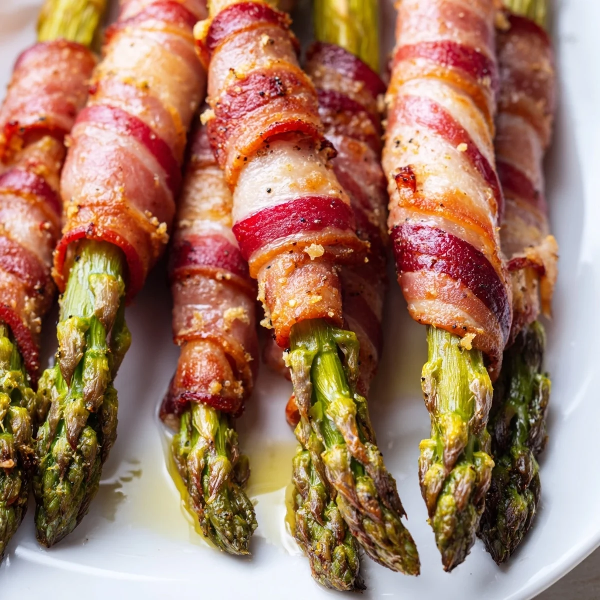 Tender green asparagus spears spiraled with crispy bacon slices fresh from the oven