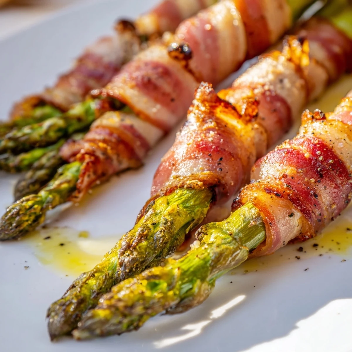 Close up of savory bacon wrapped asparagus with minced garlic and black pepper seasoning