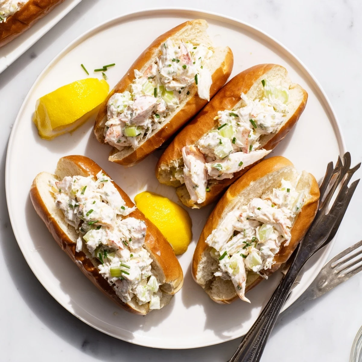 Split brioche bun piled high with tender lobster in creamy mayonnaise dressing