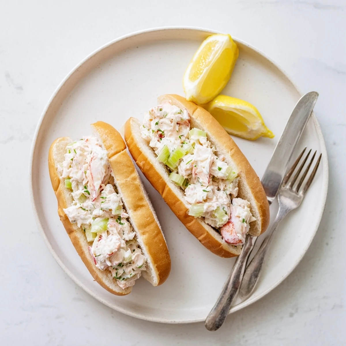 Lobster rolls brushed with aromatic garlic butter and stuffed with herbed seafood salad