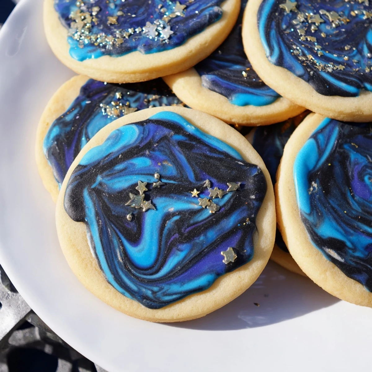 Starry Night Sugar Cookies with swirled dark blue icing and shimmering edible gold stars