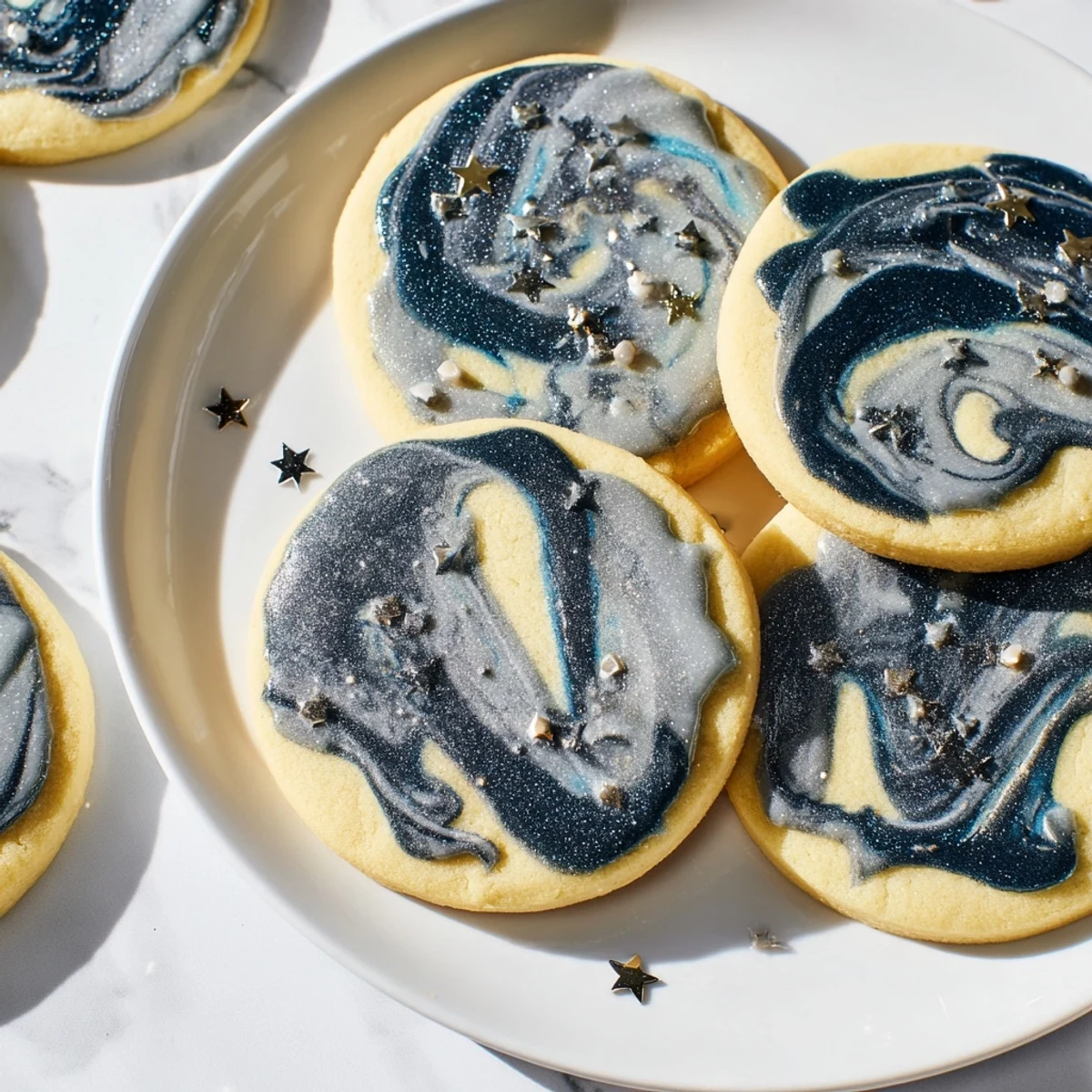 Vanilla Starry Night Sugar Cookies featuring marbled galaxy blue frosting and sparkling star decorations