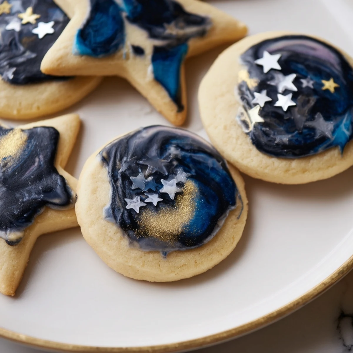 Plate of Starry Night Sugar Cookies topped with celestial blue icing and glittery edible stars