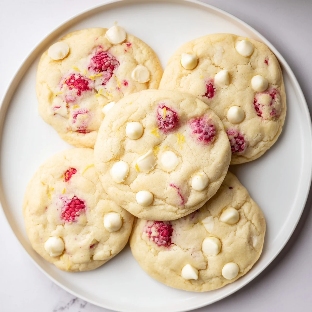 Soft lemon raspberry cookies studded with fresh raspberries and white chocolate on cooling rack