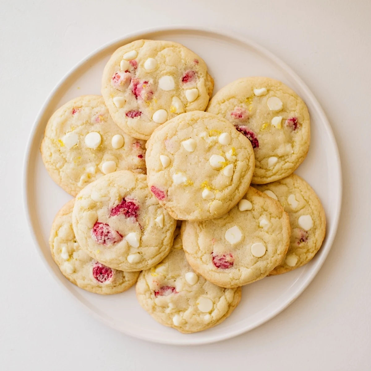 Plate of bright lemon raspberry cookies featuring zesty glaze and whole raspberry garnish