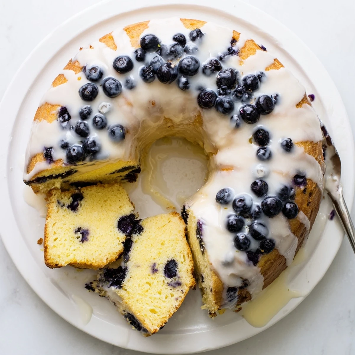Moist lemon blueberry cake drizzled with tangy glaze and fresh blueberry garnish