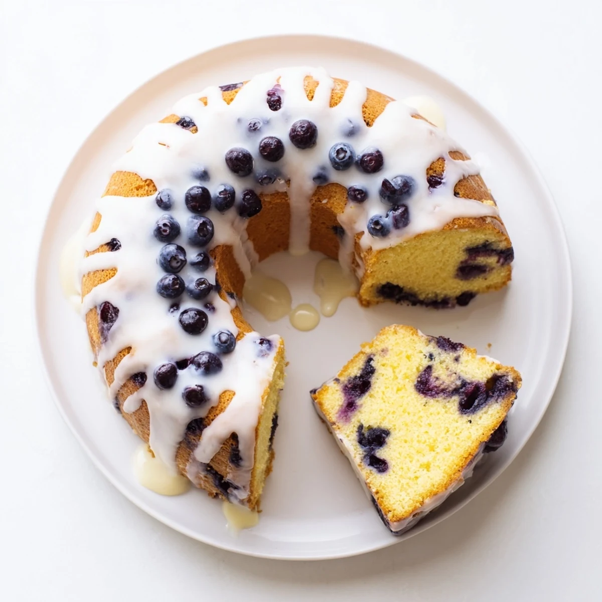 Golden lemon blueberry cake slice revealing juicy blueberries in tender lemon-scented crumb