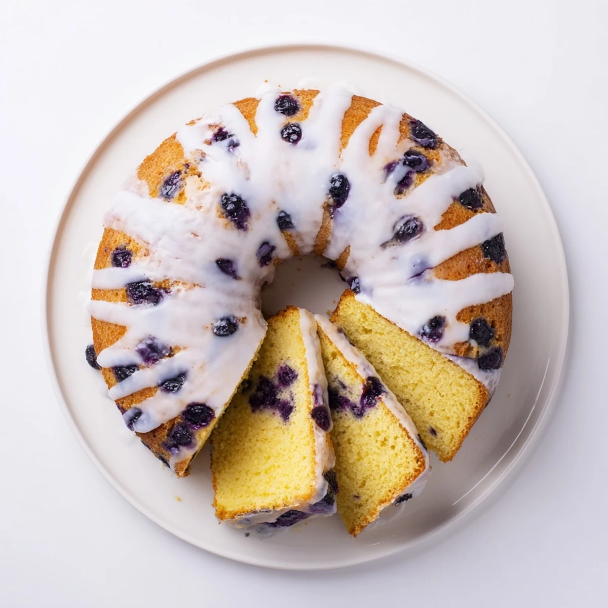 Elegant lemon blueberry cake topped with sweet glaze on a white serving plate