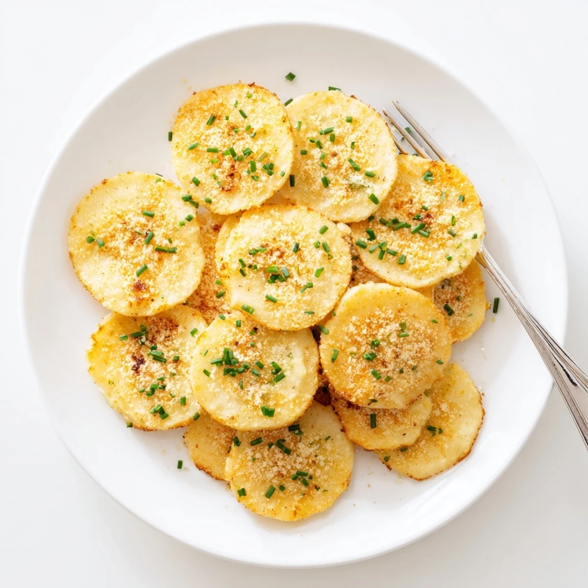 Golden brown cottage cheese chips arranged on a wooden board sprinkled with fresh chives