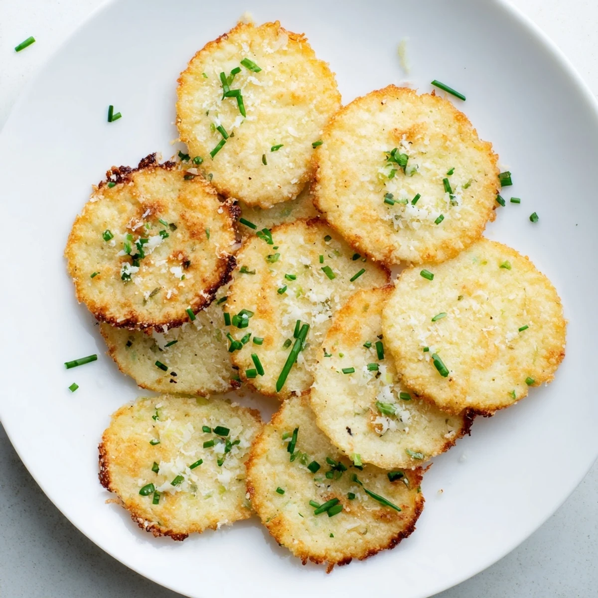 Crispy baked cottage cheese chips with Parmesan topping served on white parchment paper