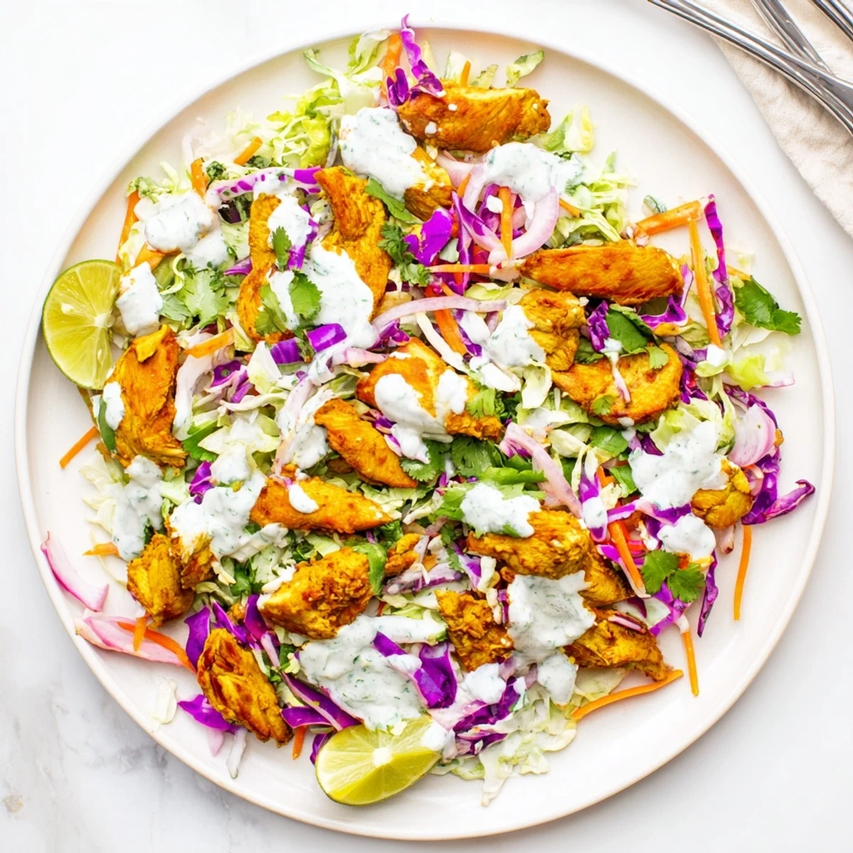 Golden curried chicken breast slices resting atop vibrant purple and green lime coleslaw