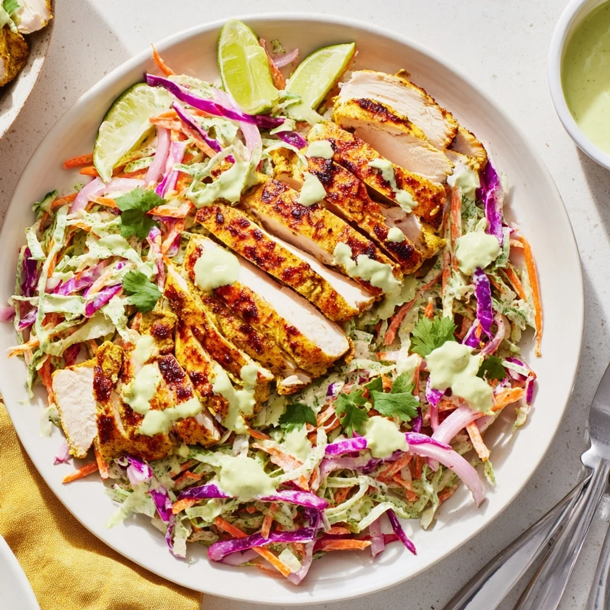 Sliced curried chicken drizzled with cool mint yogurt over crunchy citrus dressed cabbage