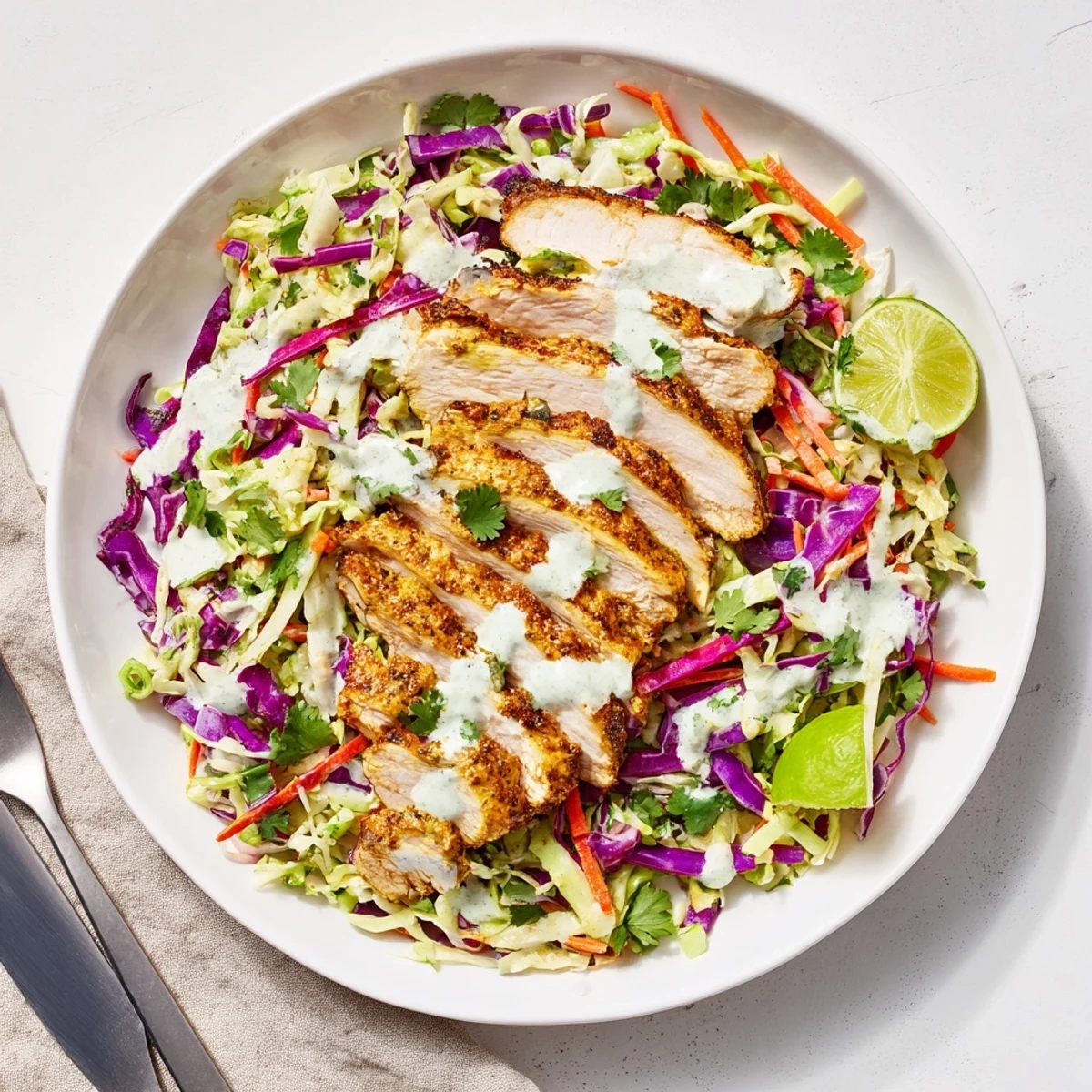 Colorful bowl of curried chicken lime coleslaw topped with refreshing mint yogurt sauce