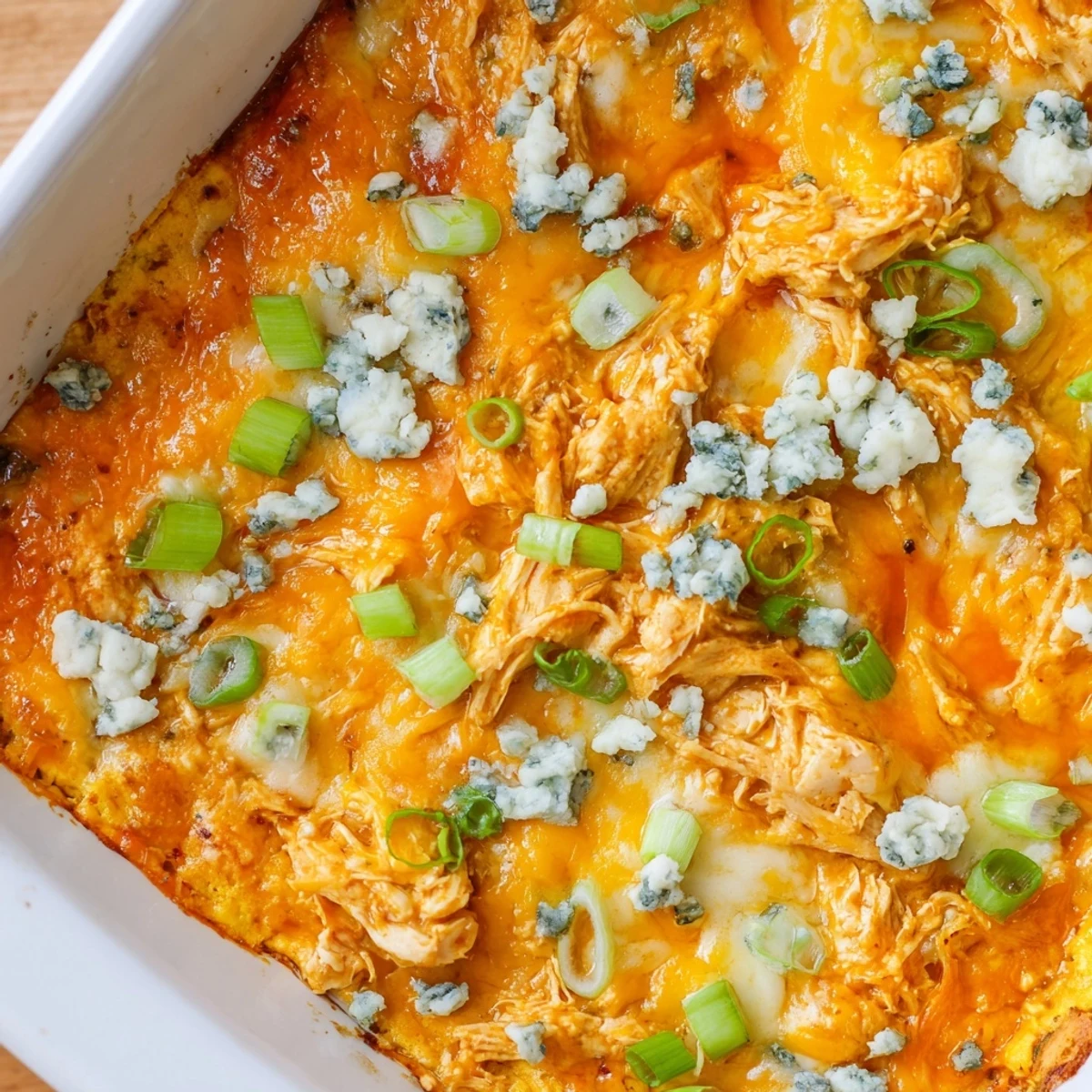 Spicy Buffalo Chicken Cheese Bake casserole served with celery sticks for dipping