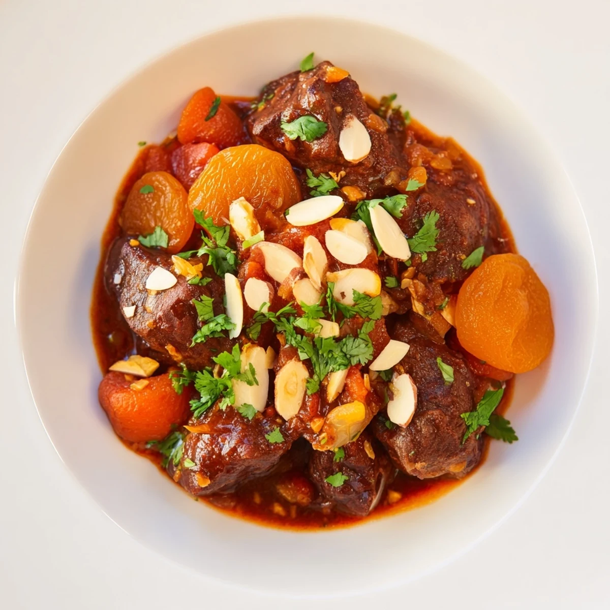 Tender beef chunks simmered with sweet dried apricots and aromatic Moroccan spices in a rich sauce