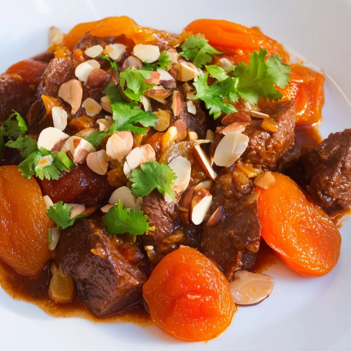 Golden Moroccan beef stew with apricots served in a rustic bowl with fresh cilantro garnish