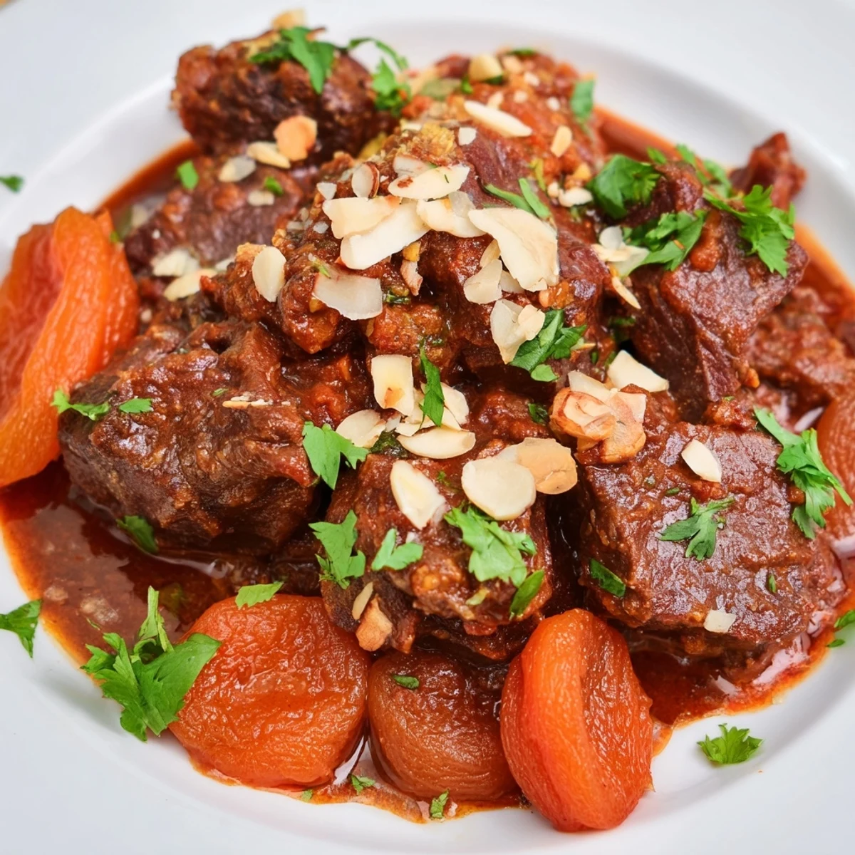 Hearty North African stew featuring meltingly soft beef, plump apricots, and toasted almonds over fluffy couscous