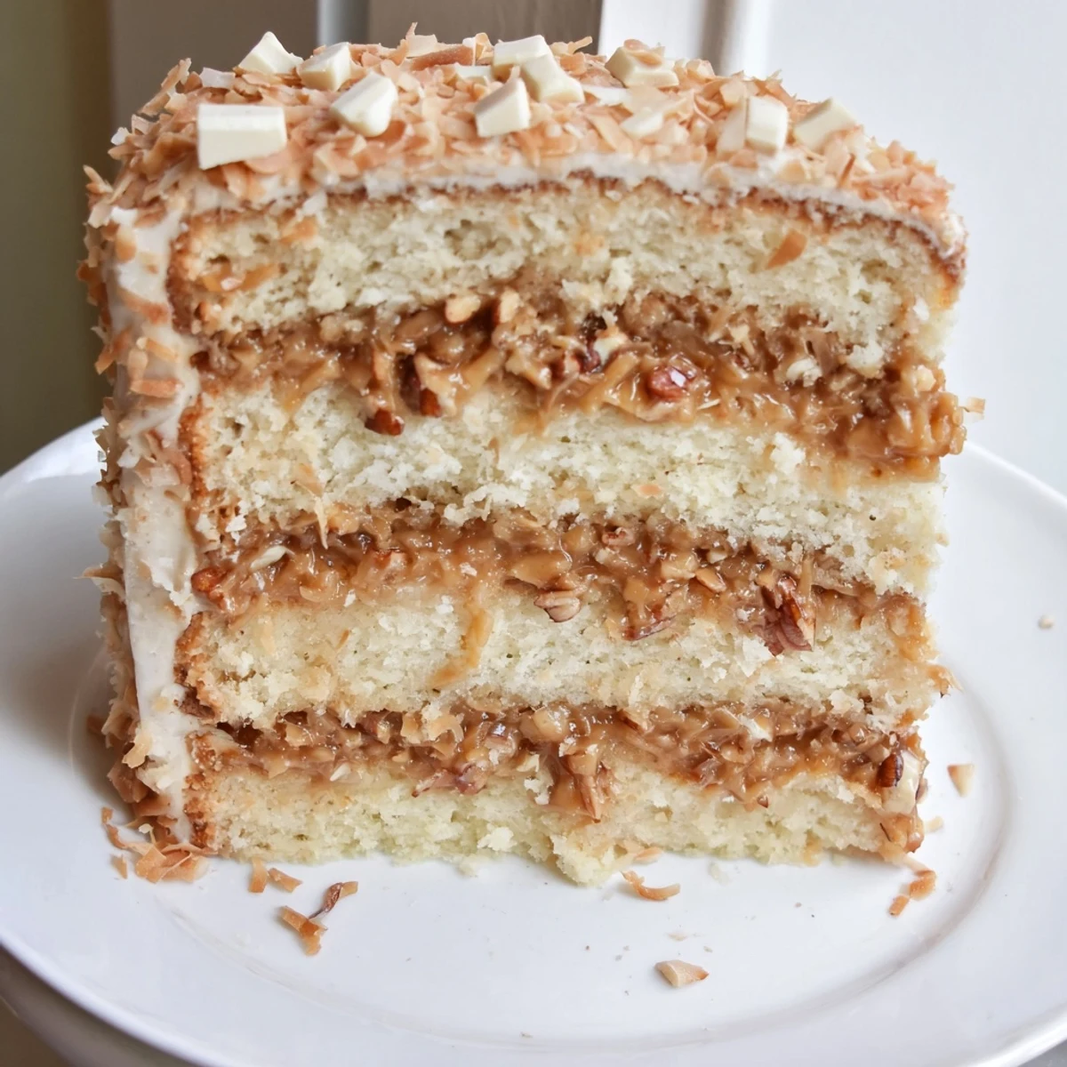 Sliced White German Chocolate Cake revealing moist white chocolate crumb topped with toasted pecans